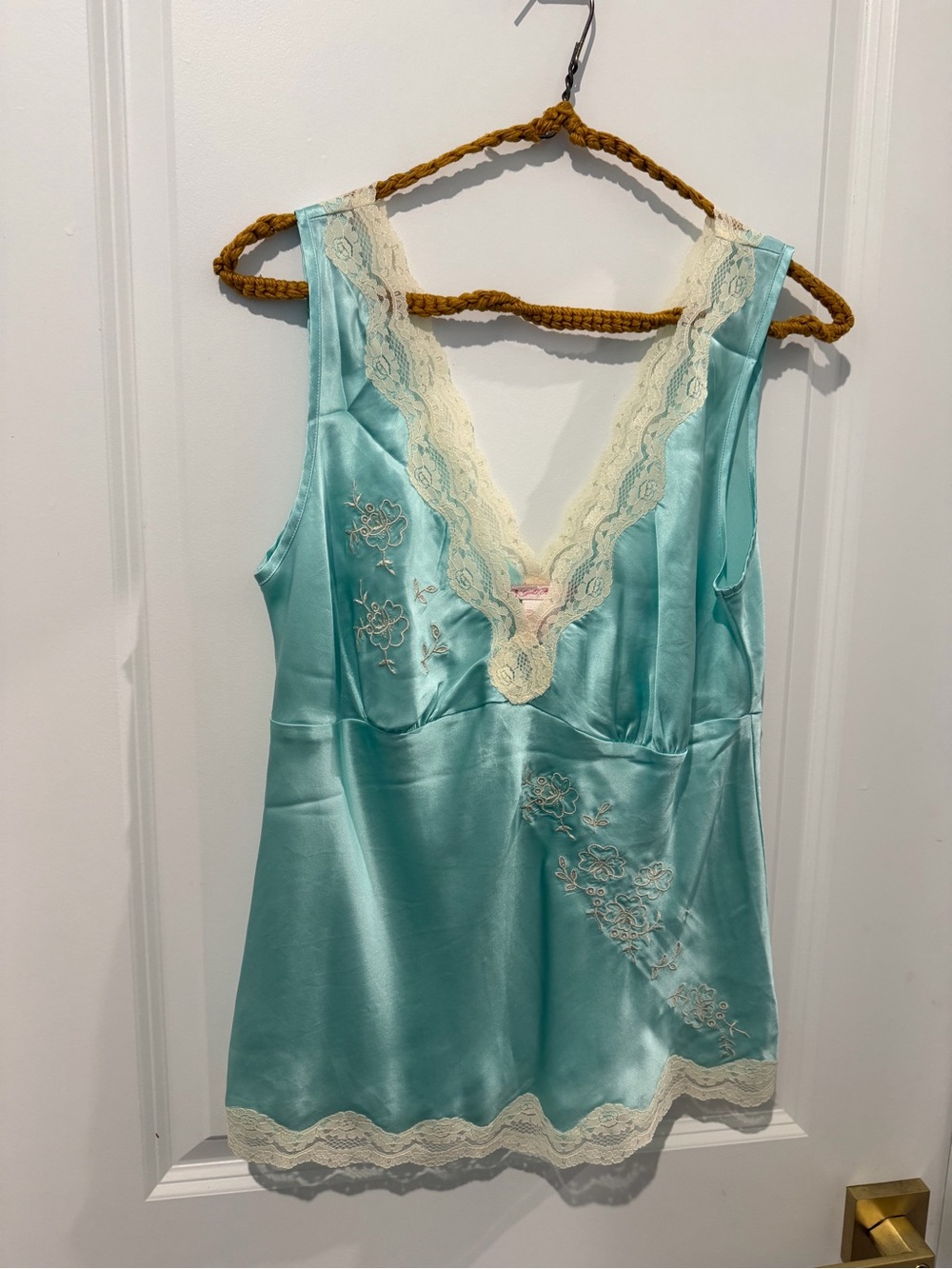 Silk Blue Aqua Cream Floral Embroidered Y2K Lace Trim Chemise Camisole Top